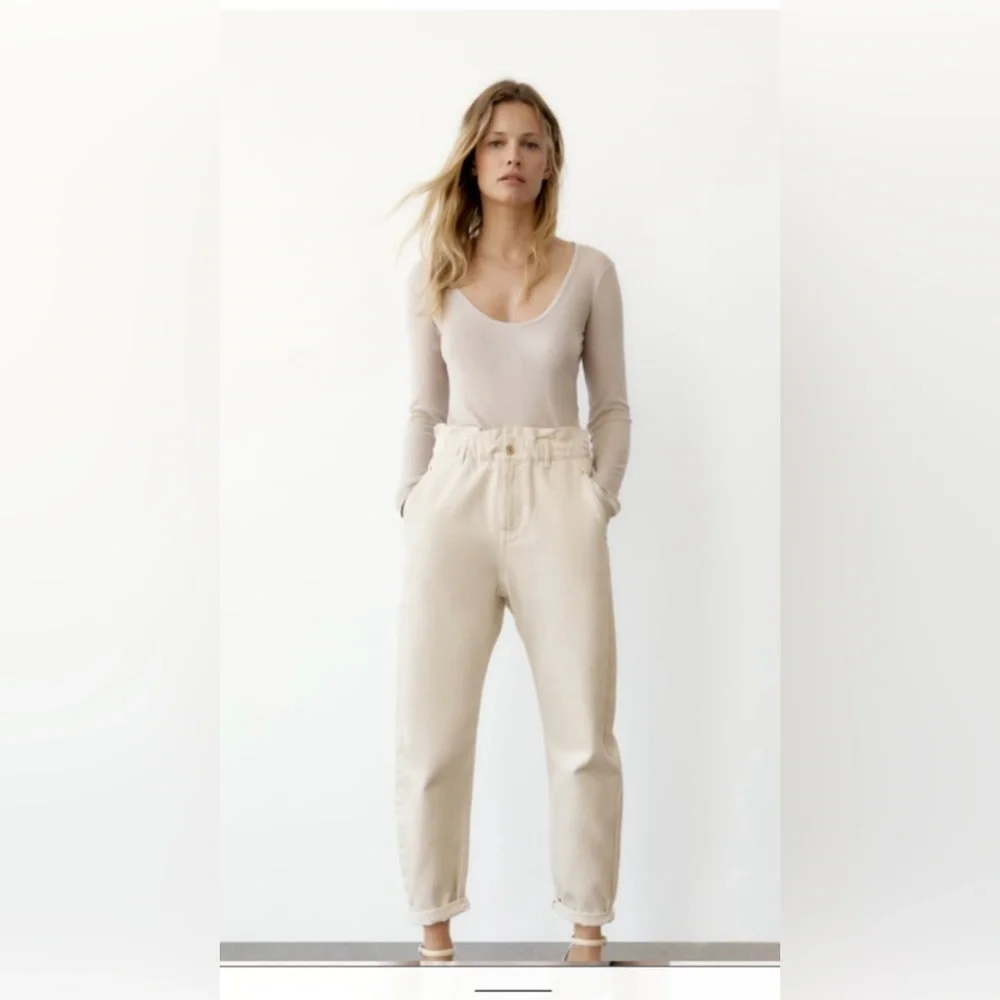 Zara White Paperbag Waist Trousers Jeans Size 10 - Picture 6 of 12
